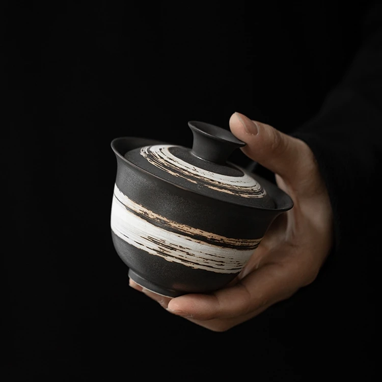 设计款侘寂风禅意二才盖碗大容量泡茶器粗陶复古陶瓷泡茶碗敬茶杯