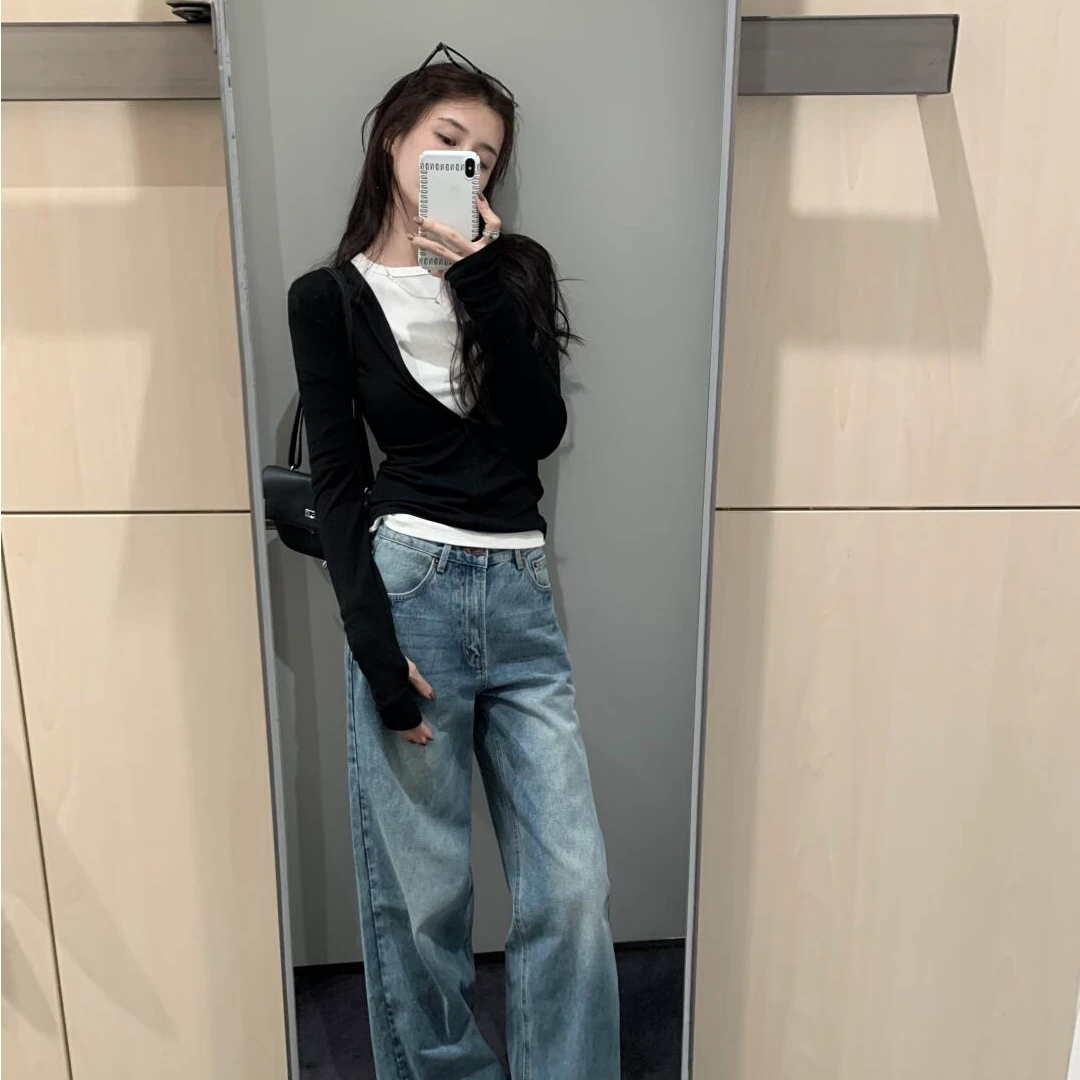纯欲慵懒风女装穿搭女显瘦假两件上衣宽松休闲慵懒洋气高腰牛仔裤