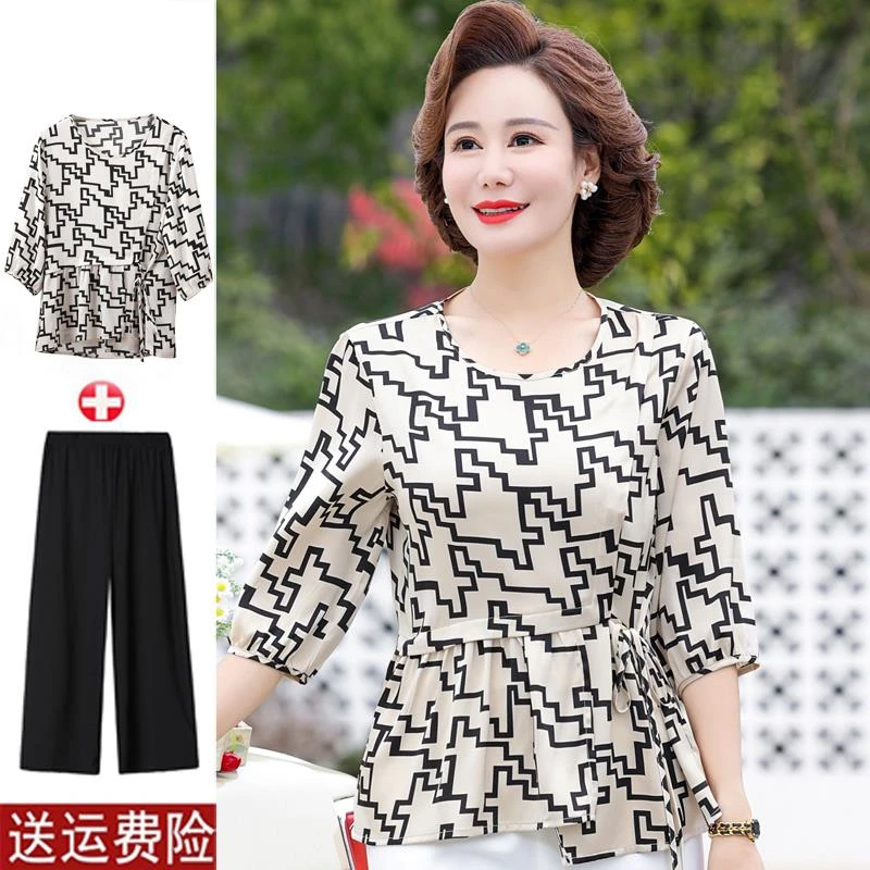 SWFX年轻妈妈洋气收腰水上衣中年女夏装短袖T恤中老年洋气中袖雪