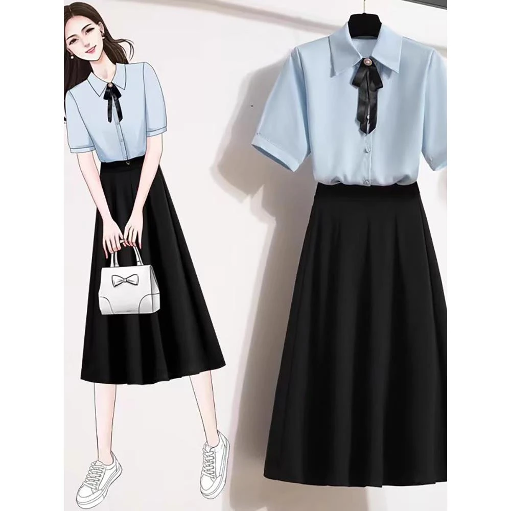 夏季职业装白衬衣搭配黑色半身裙套装教资面试衣服连衣裙答辩