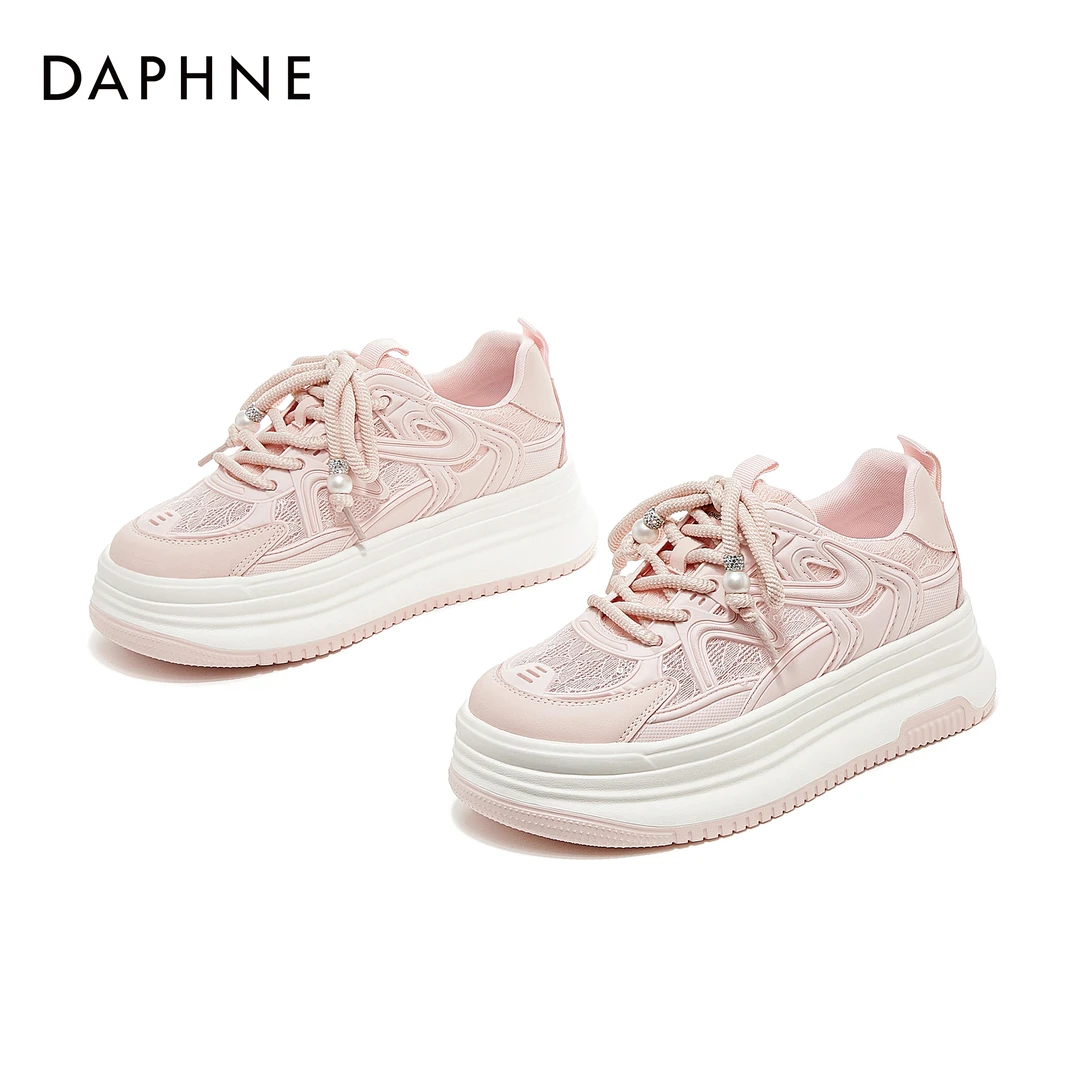 达芙妮时尚百搭夏春季潮流厚底舒适板鞋网面小众圆头系带休闲鞋