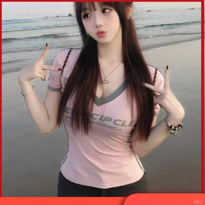 t恤女插肩袖夏季短袖y2k复古V领短款女洋气显瘦修身辣妹美式上衣