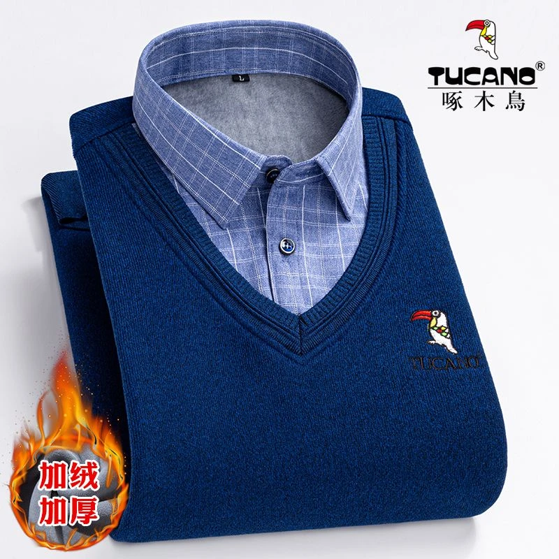 啄木鸟男士保暖衬衫加厚假两件针织衫男装衣服加绒衬衣套头毛衣男