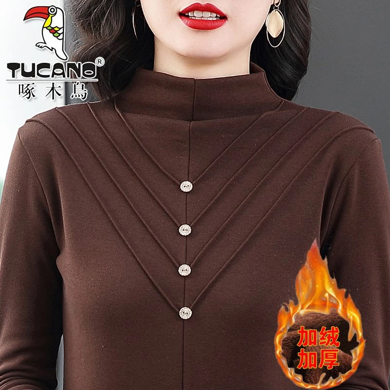 啄木鸟妈妈装半高领加绒打底衫女秋冬2023新款长袖德绒保暖上衣
