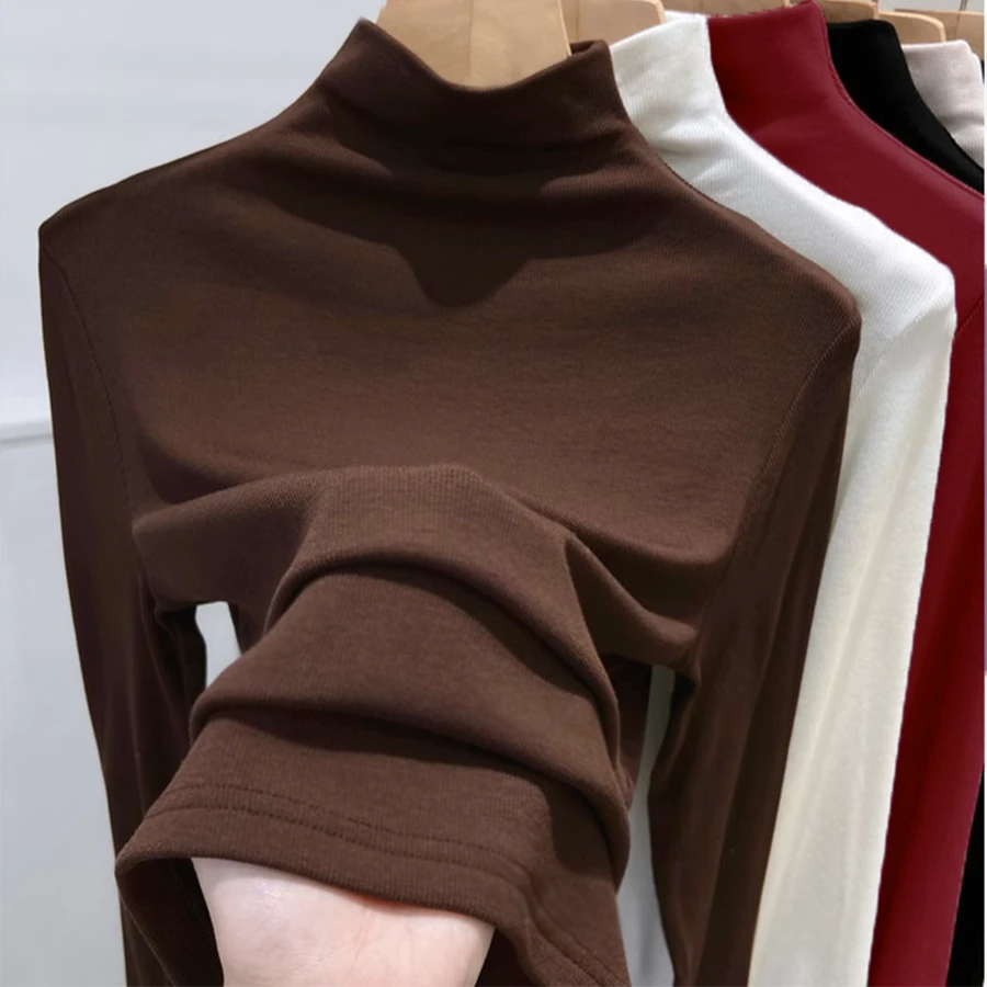 半高领长袖女上衣秋冬季2024新款修身洋气百搭高级感螺纹绒打底衫