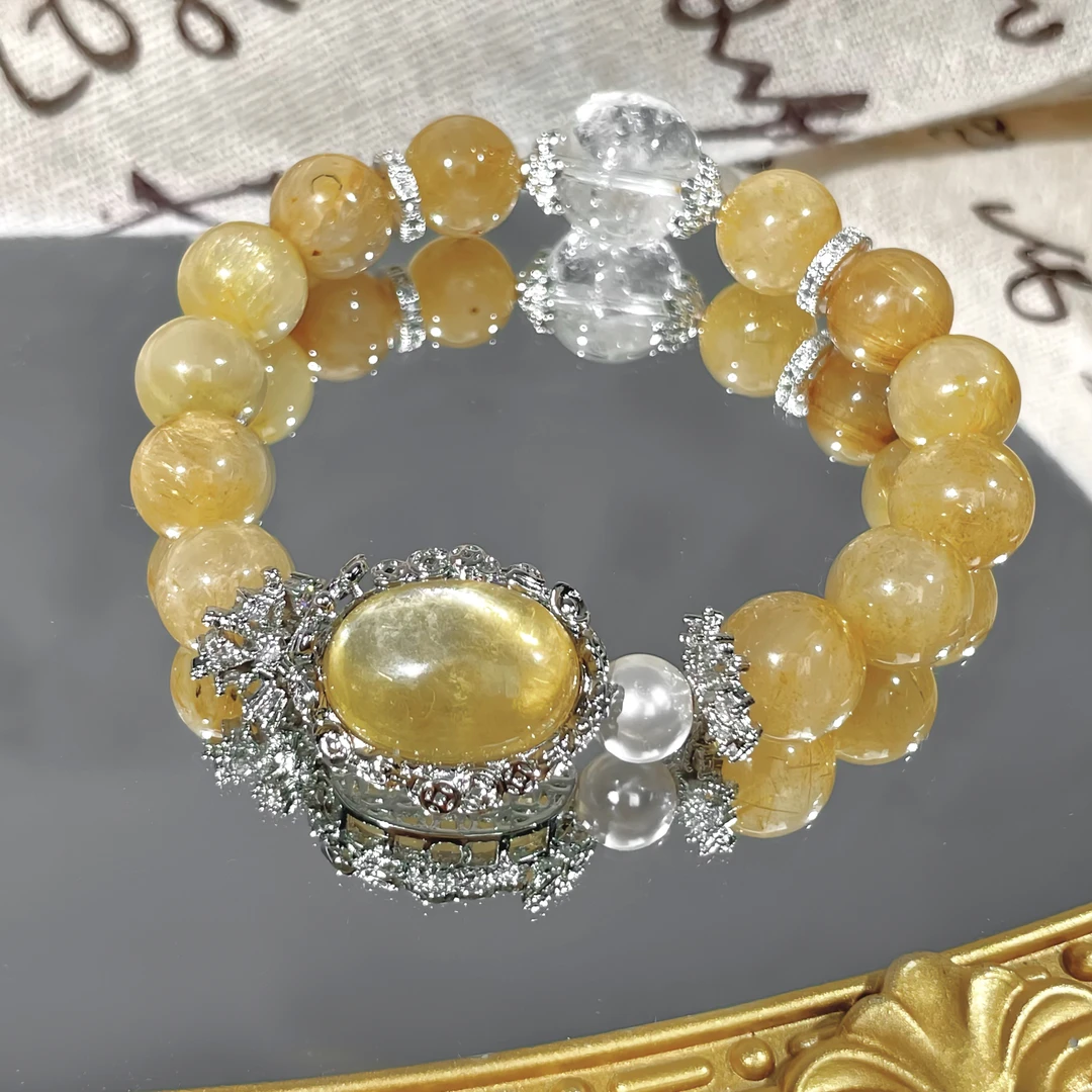 CB2391【点石成金】 金发晶10.8mm 白阿赛13.5mm 时尚百搭水晶手串