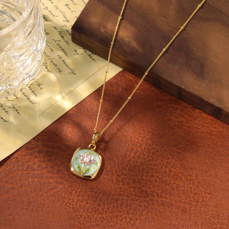 8045 【直播专属】油画风荷花项链百搭小众项链