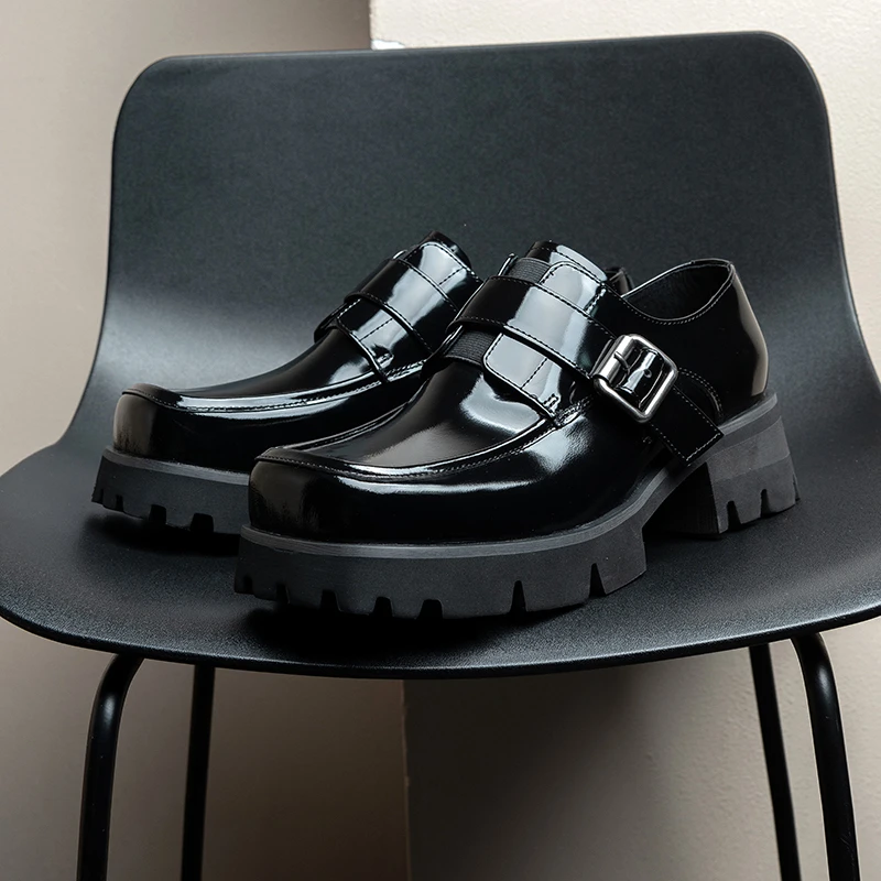 欧洲站亮皮方头德比鞋男款松糕厚底增高透气休闲单鞋一脚蹬乐福鞋