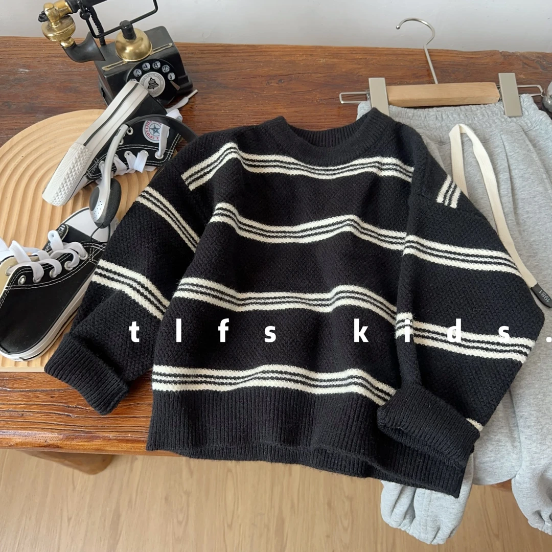 童例「230-065黑色细条圆领针织衫」秋冬洋气休闲卡通毛衣男女童