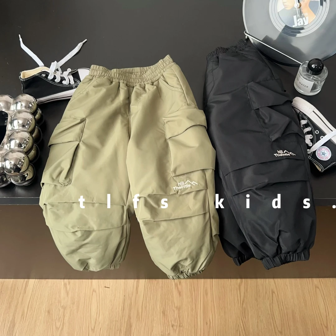 童例「远山绿黑加厚工装棉裤」秋冬儿童保暖休闲裤百搭宽松男童长裤