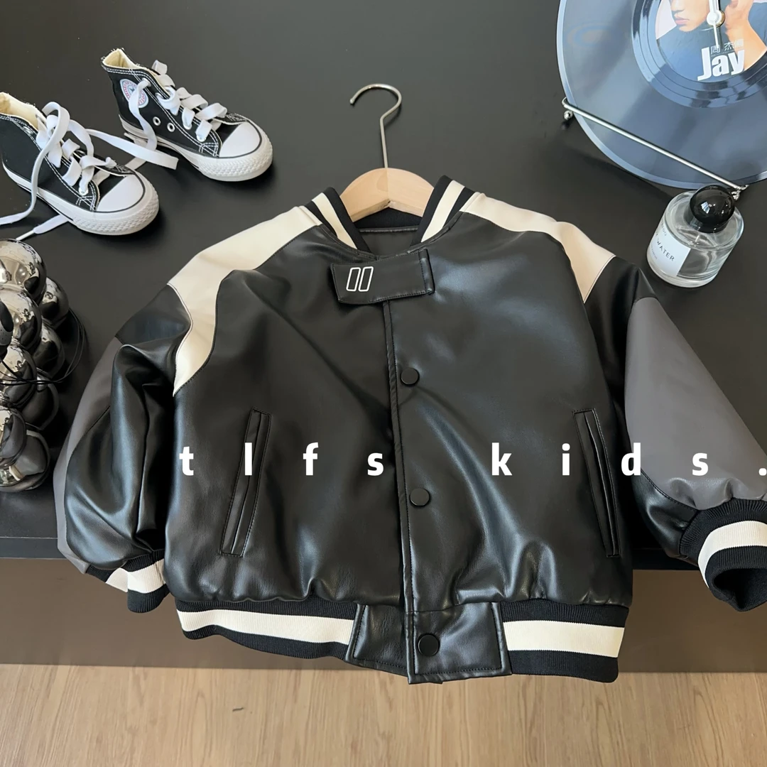童例「拼色加绒皮衣外套」秋冬儿童休闲保暖百搭韩版男童中性夹克潮