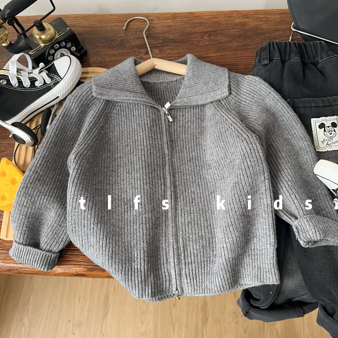 童例「灰色双向拉链翻领针织衫」秋冬软糯休闲毛衣男童女童百搭套头