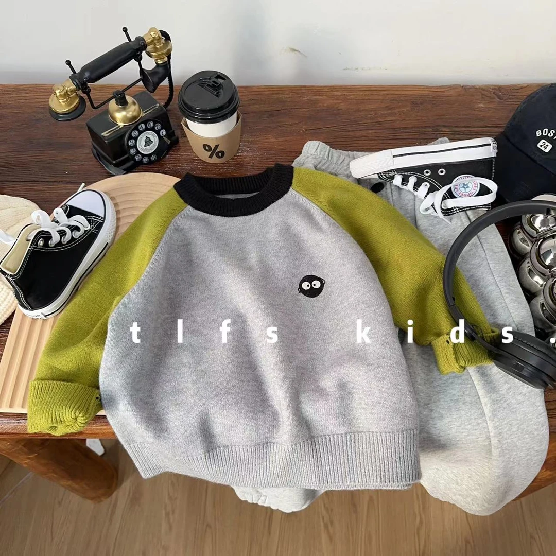 童例「小煤球撞色针织衫」春秋儿童休闲卡通毛衣男童女童百搭套头潮