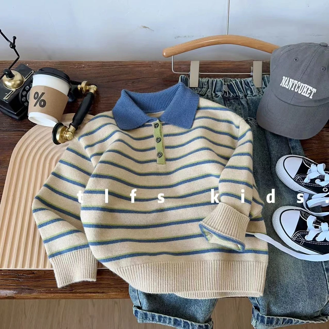 童例「蓝绿领针织POLO」童装新品休闲条纹毛衣男童女童百搭套头