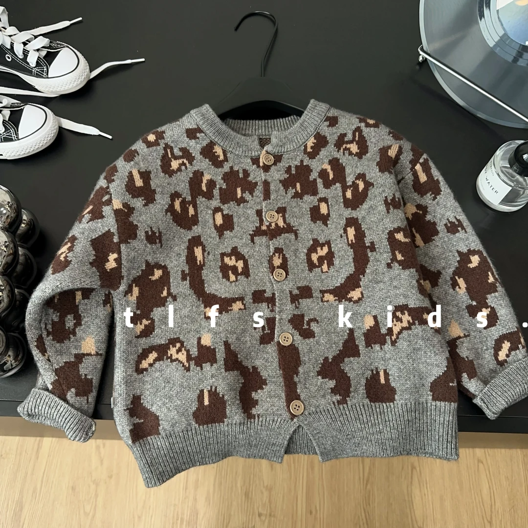 童例「豹纹毛衣加密加厚开衫」秋冬软糯休闲针织男童女童百搭外套潮