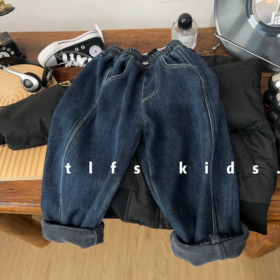 童例「口袋字母加绒牛仔长裤」秋冬儿童休闲裤男童女童百搭宽松潮流