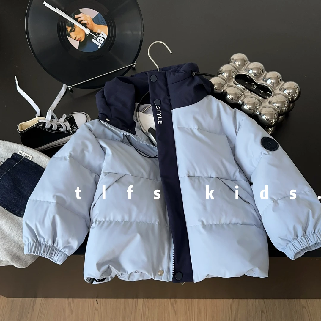 童例「蓝拼连帽羽绒外套」冬季防风休闲男童女童儿童百搭保暖韩版潮
