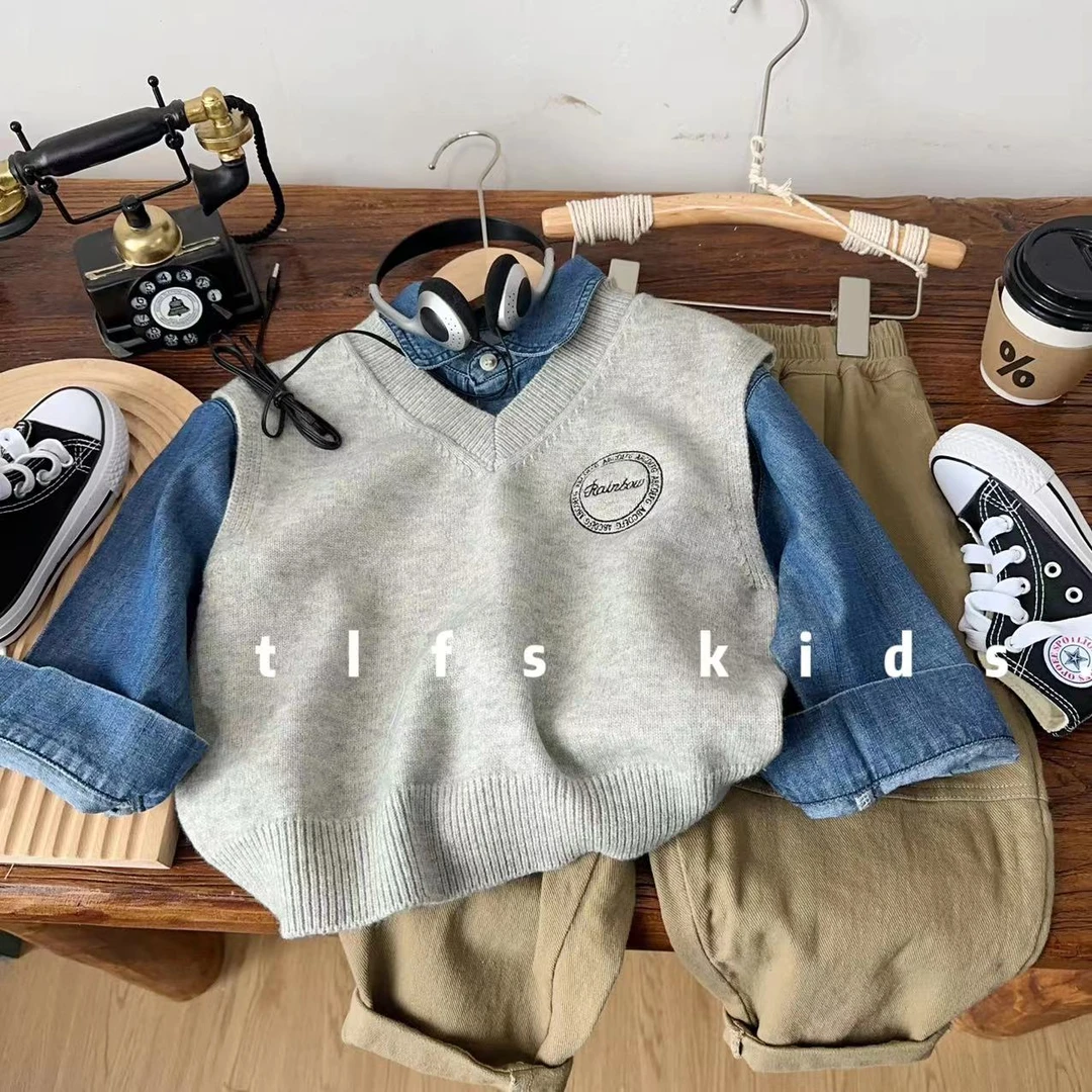 童例「学院风针织马甲」春季儿童休闲卡通毛衣男童女童百搭套头日常