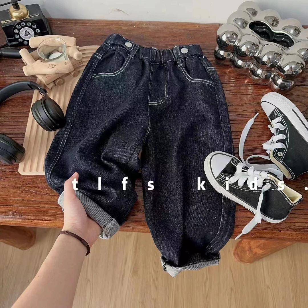 童例「净色带弹牛仔裤」男童女童休闲裤秋季软牛仔童装长裤宽松