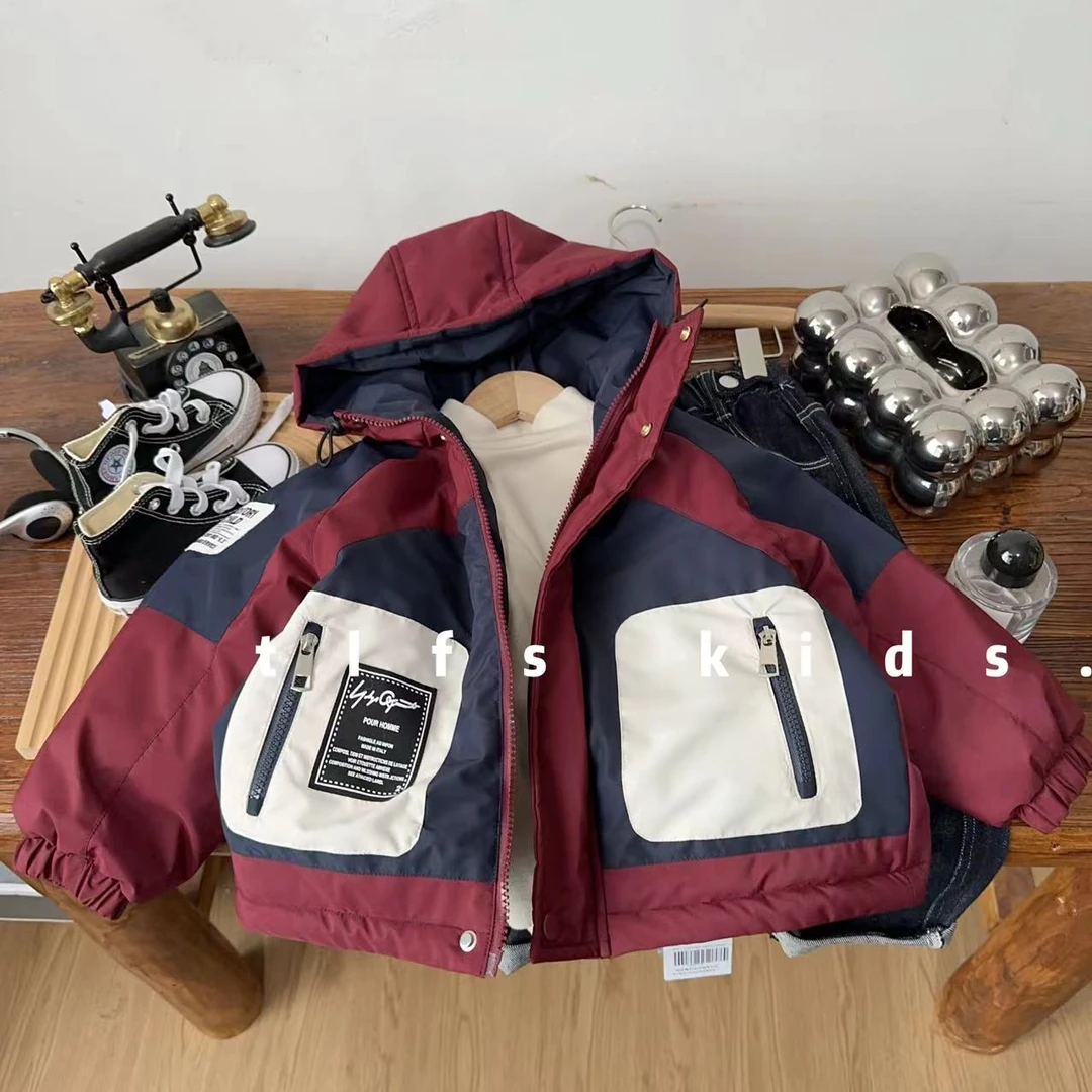 童例「藏青红拼连帽棉服」秋冬儿童保暖防水外套男童中童棉袄棉大衣