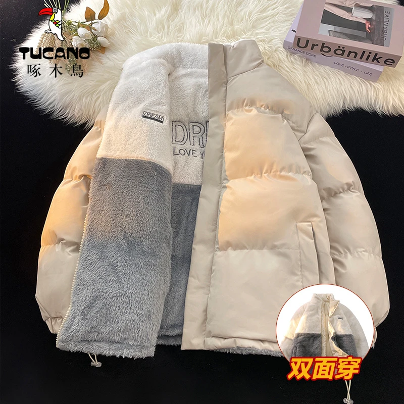 啄木鸟冬季新款立领大码双面穿棉服情侣棉袄休闲时尚潮流加厚棉衣