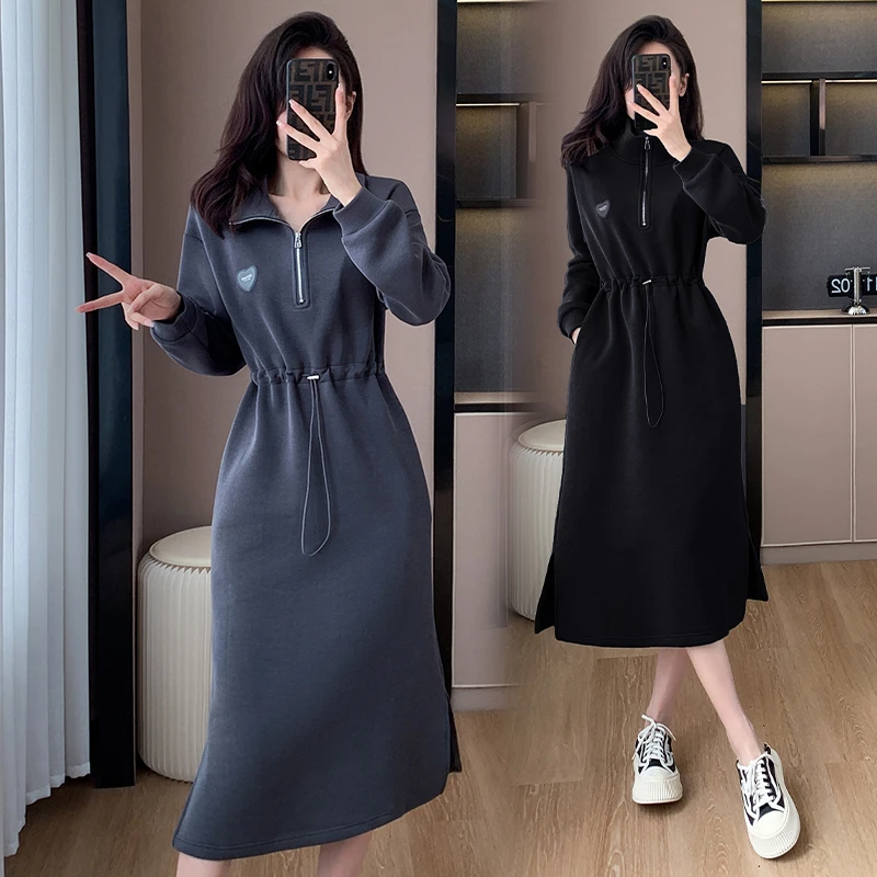 黑/灰抽绳收腰半拉链过膝秋季新款宽松显瘦气质休闲长款连衣裙女