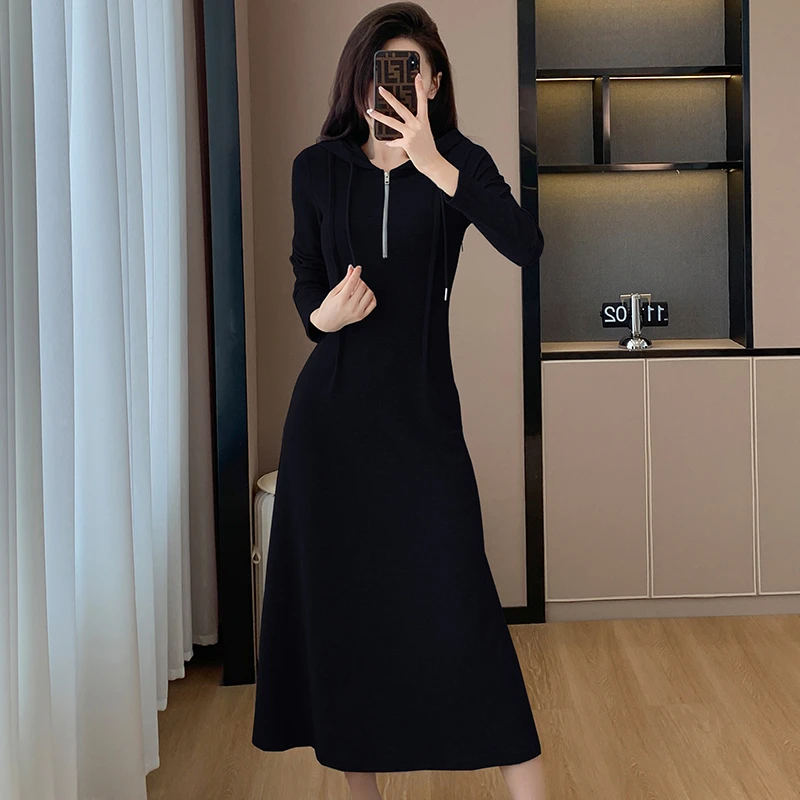 秋冬灰/黑新款运动休闲女士收腰显瘦连帽连衣裙中长款卫衣打底裙