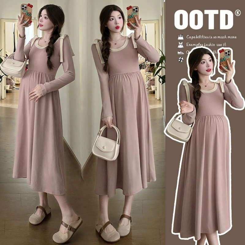 孕妇秋冬装2024新款连衣裙时韩版蝴蝶结大码中长款针织裙子