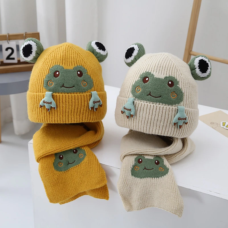 青蛙儿童帽子围巾两件套秋冬季男孩潮卡通毛线帽女宝宝加厚保暖帽
