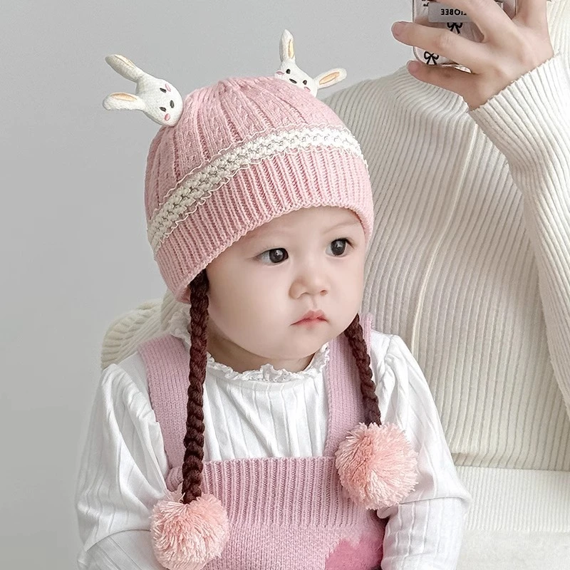 宝宝帽子秋冬季公主假发辫子毛线帽女童防风婴幼儿加厚保暖套头帽