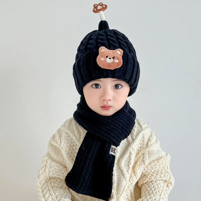 秋冬季儿童帽子围巾两件套可爱保暖针织毛线帽男女宝宝护耳套头帽