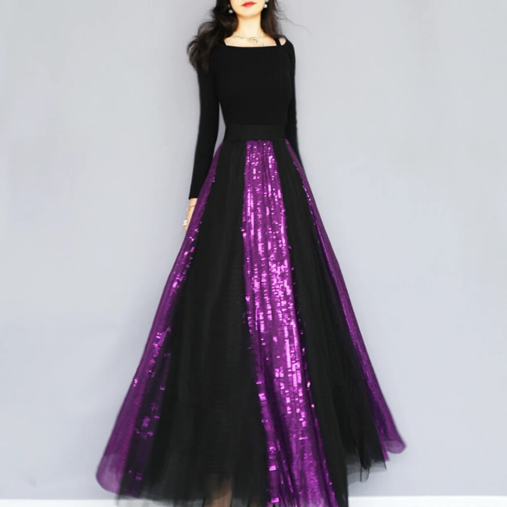 焕小沫奢华重工显瘦黑色网纱紫色亮片拼接垂感好大摆中长款半身裙