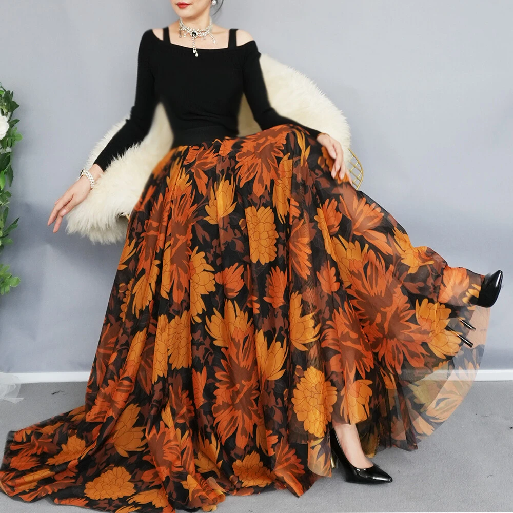 焕小沫720度大摆网纱裙子时尚气质复古印花新疆舞长款休闲半身裙