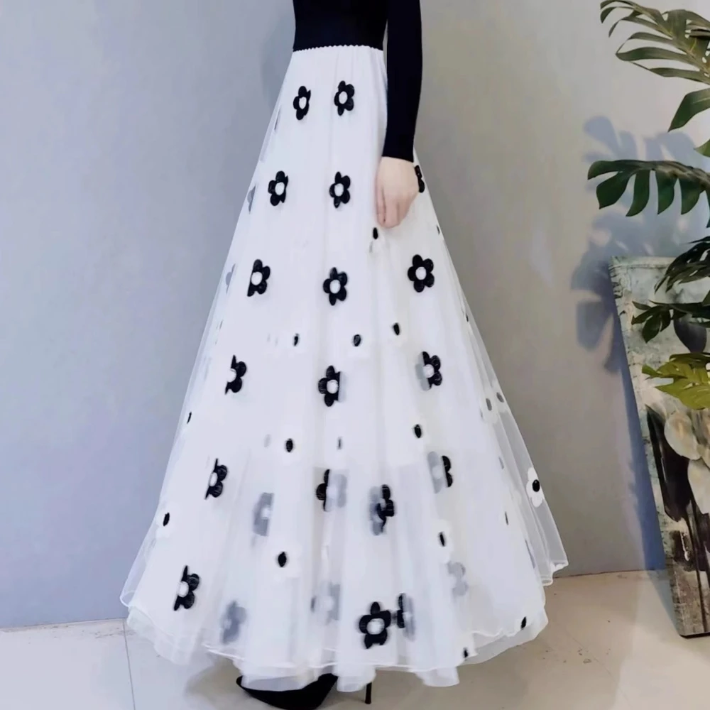 焕小沫黑白网纱绣花裙长款高腰显瘦半身裙A字大摆裙大码胖mm长裙