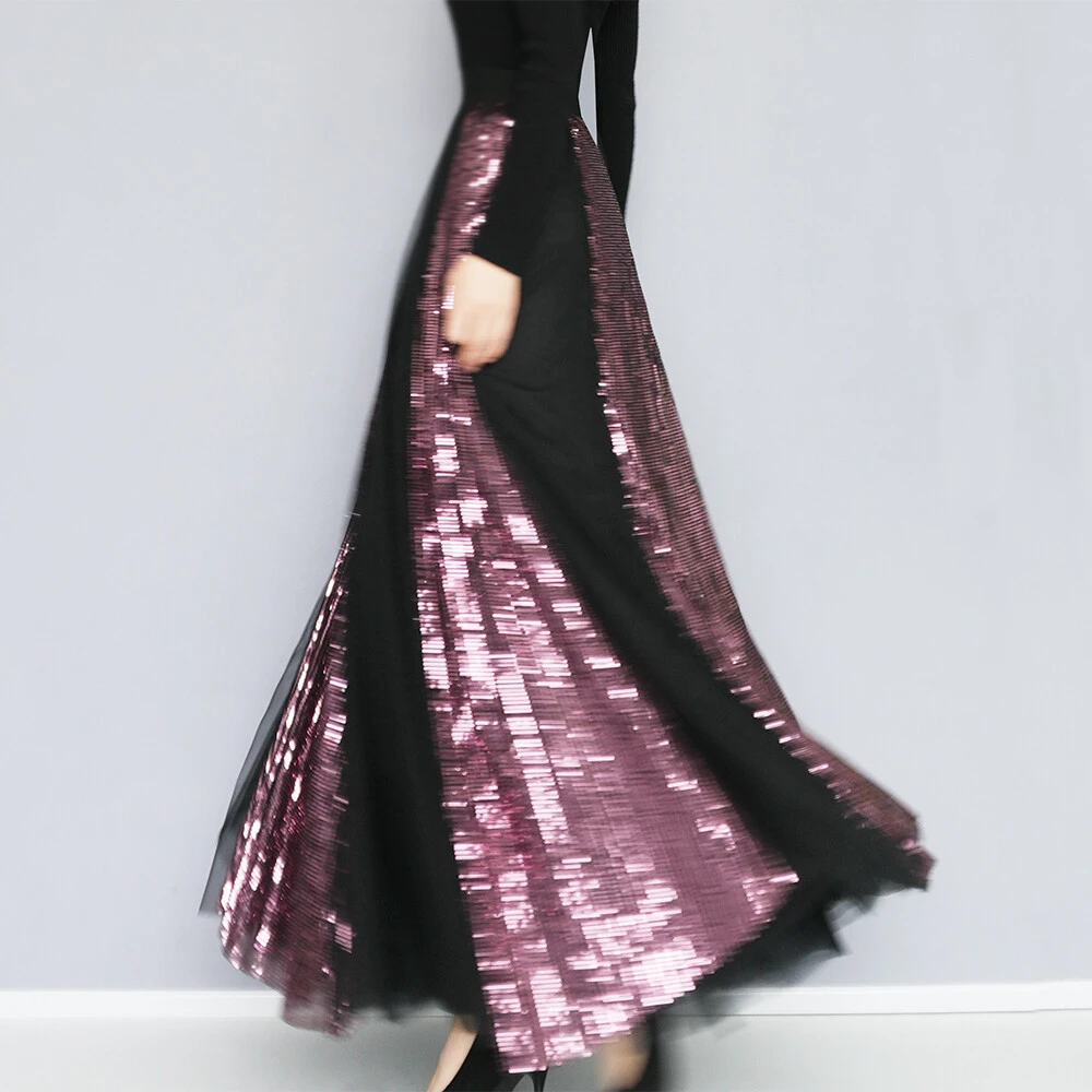 焕小沫秋冬网纱拼接玫瑰色重工亮片显瘦轻奢垂感大摆中长款半身裙