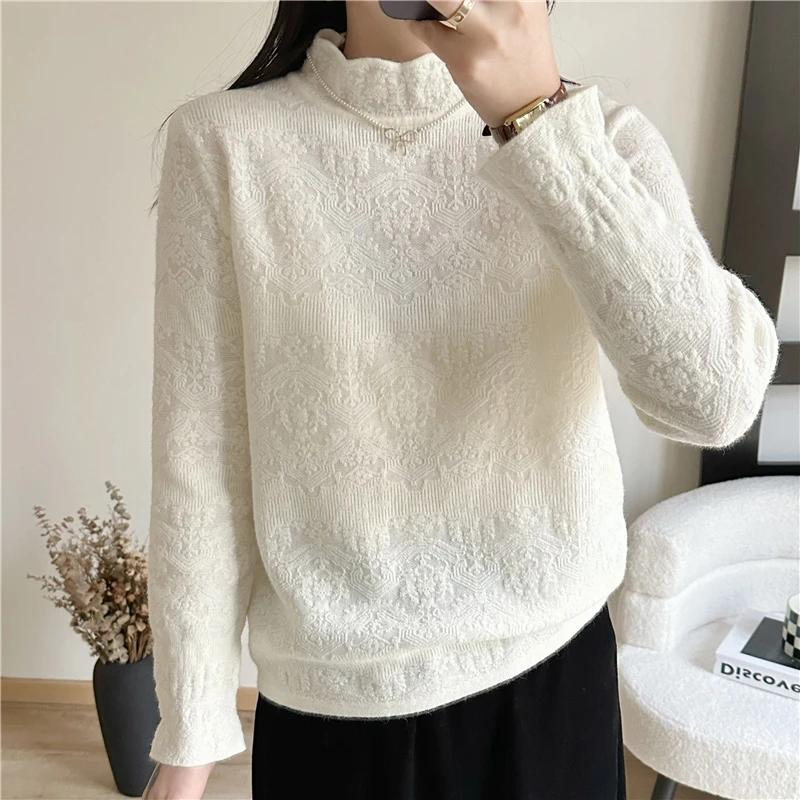 半高领花边加厚套头针织衫蕾丝长袖时尚百搭保暖秋冬白色冬季