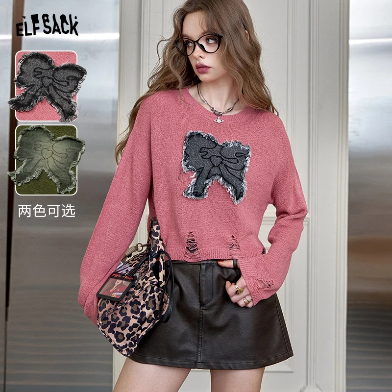 妖精的口袋蝴蝶结勋章蝴蝶结针织衫女2024秋慵懒风显瘦24306060