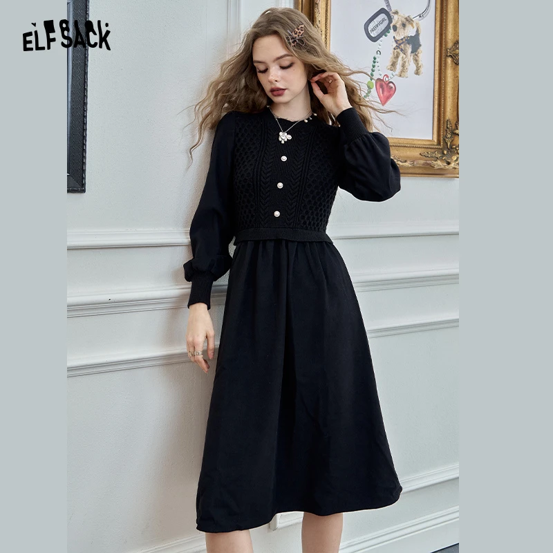 妖精的口袋黑色针织拼接收腰连衣裙女2024年冬新款赫本风长袖裙子