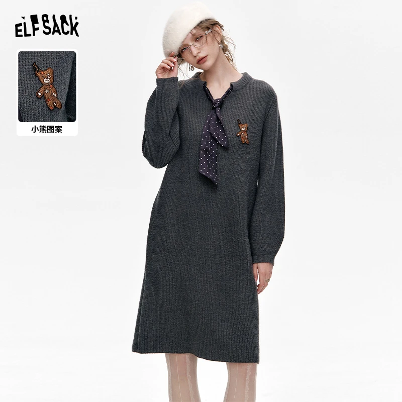 妖精的口袋休闲T恤裙领带设计宽松裙子2024冬季新款慵懒感百搭