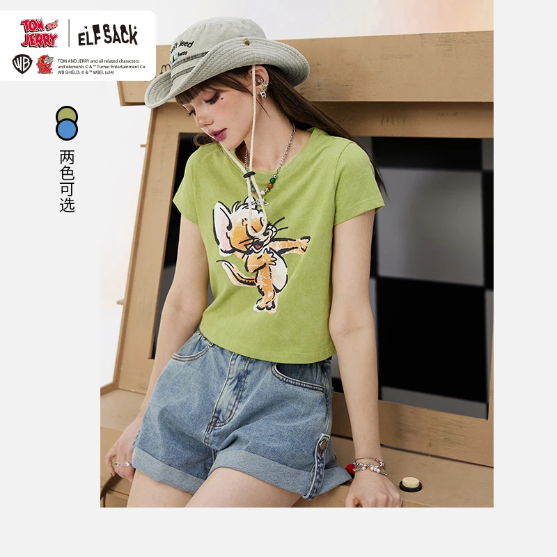 5040【赵老板】妖精的口袋复古斑驳印花短袖t恤女24夏新短上衣-团