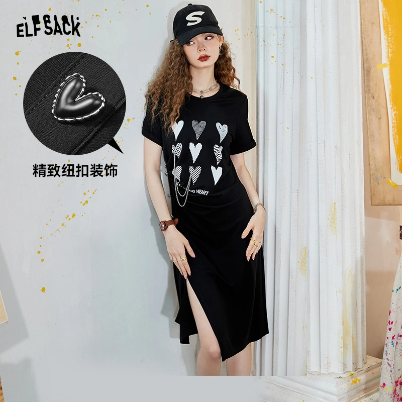 妖精的口袋 酷酷甜心 开叉t恤连衣裙女新年夏压褶设计感裙子潮