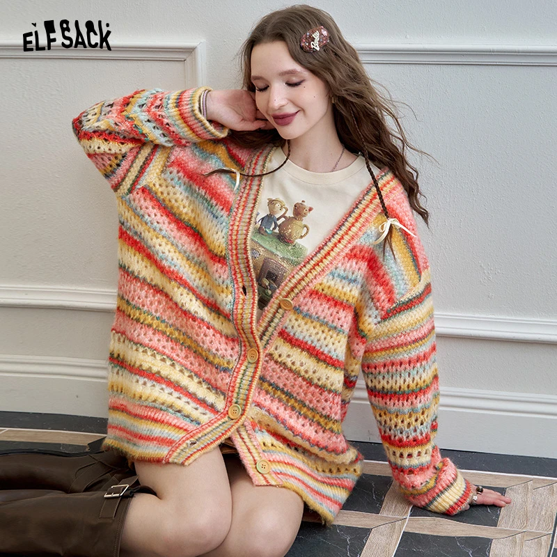 妖精的口袋托斯卡纳游记彩虹v领镂空毛衣开衫2024秋甜美24302013