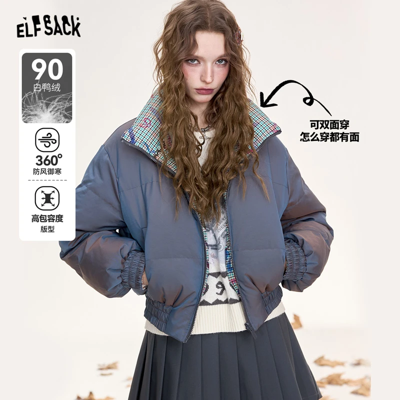 【两面可穿】妖精的口袋格子短款羽绒服女2024冬新款90白鸭绒面包服