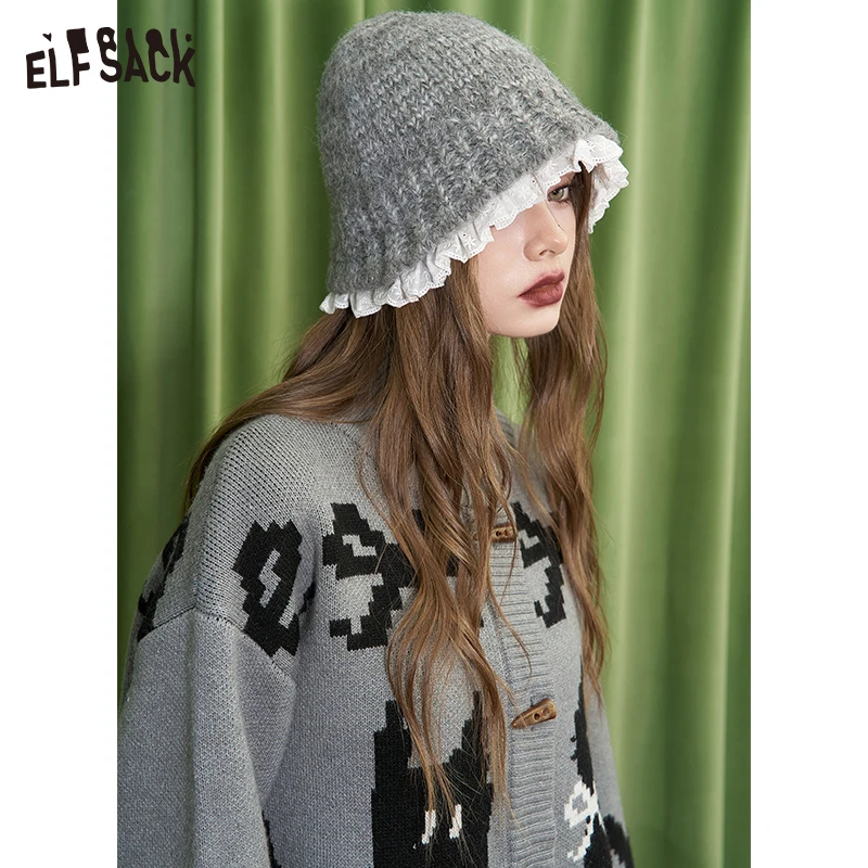 【生活周边系列】妖精的口袋蕾丝花边灰色针织渔夫帽女2024年冬季