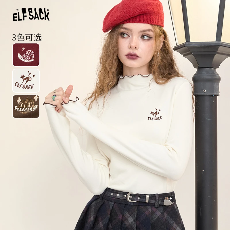 妖精的口袋猫咪刺绣白色半高领t恤女2024冬新款荷叶边修身打底衫