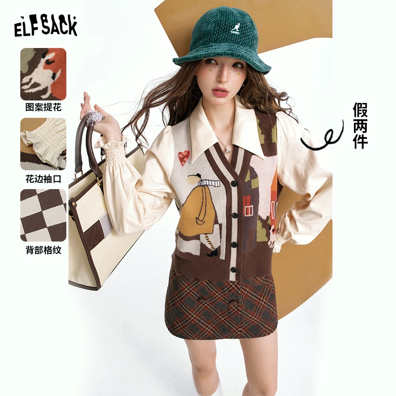 妖精的口袋一眼艺术家复古印花针织衫POLO衫假两件打底衫女