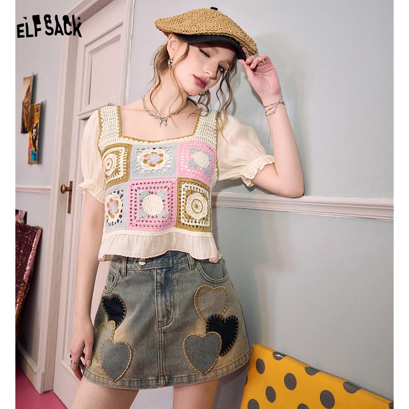 妖精的口袋雪纺拼接方领钩花针织衫女2025新款泡泡袖短款上衣