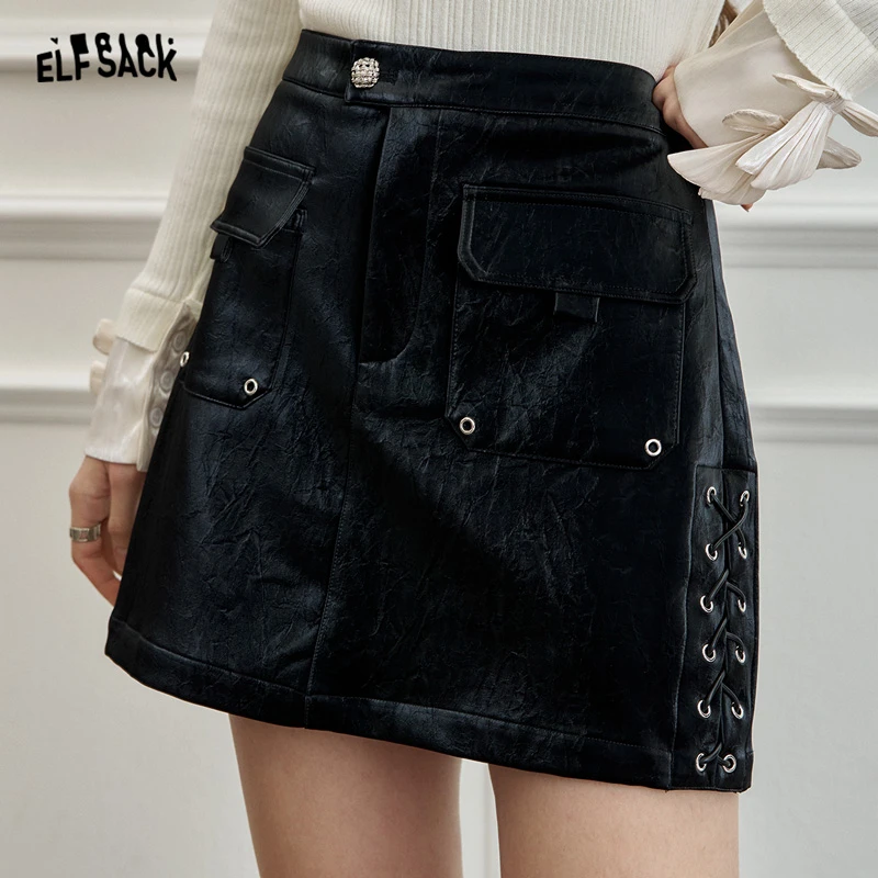 妖精的口袋 美人心计 黑色a字半身裙女2024秋冬新款铆钉抽绳设计