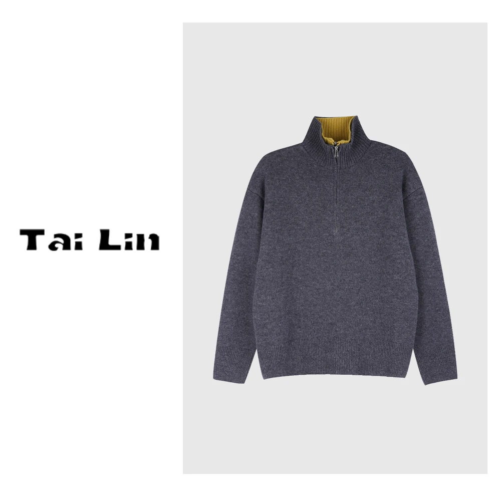 时尚气质百搭高级洋气宽松显瘦通勤撞色小众立领长袖毛衣MY8355