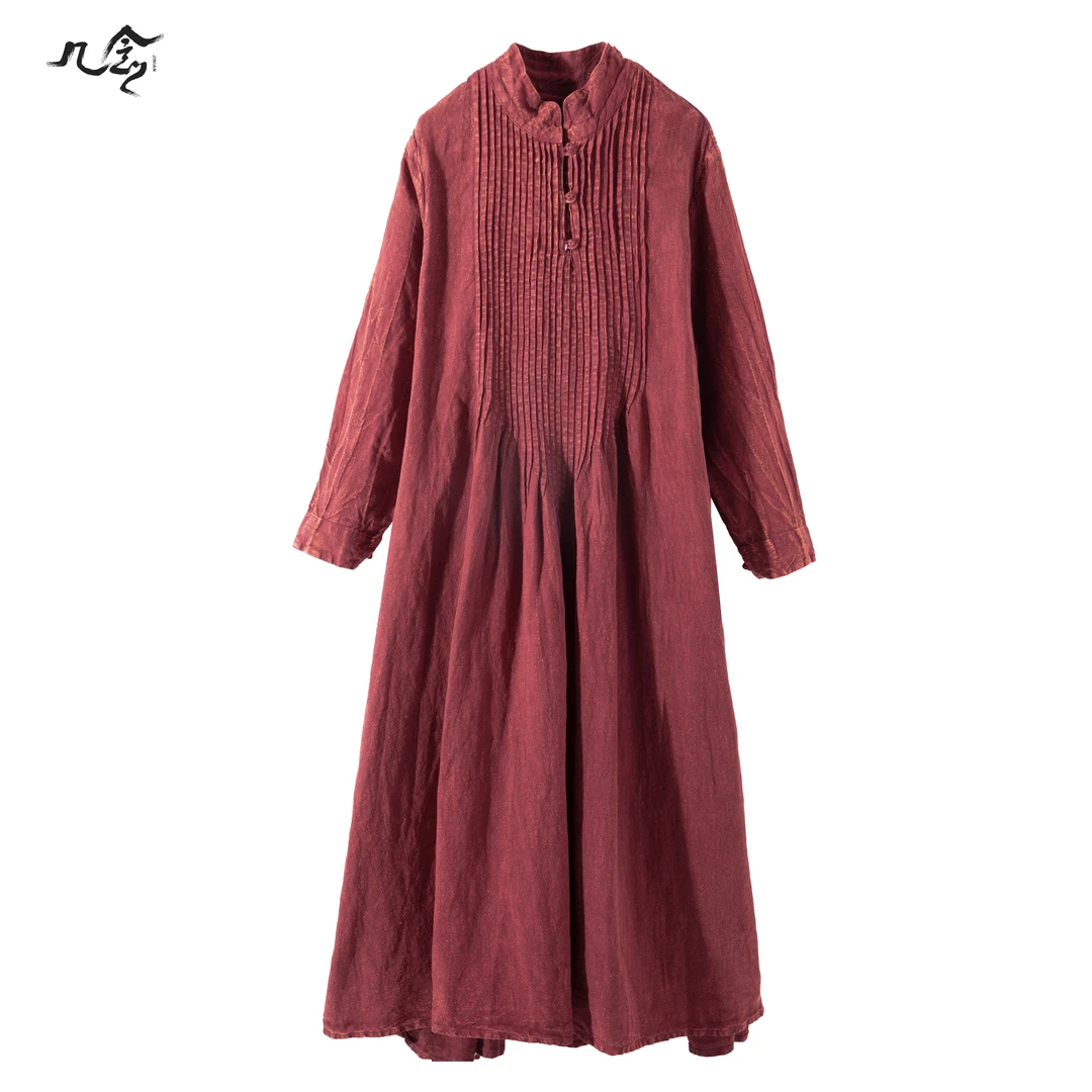 几念原创-新款气质国风复古文艺宽松盘扣百褶双层长款连衣裙33201